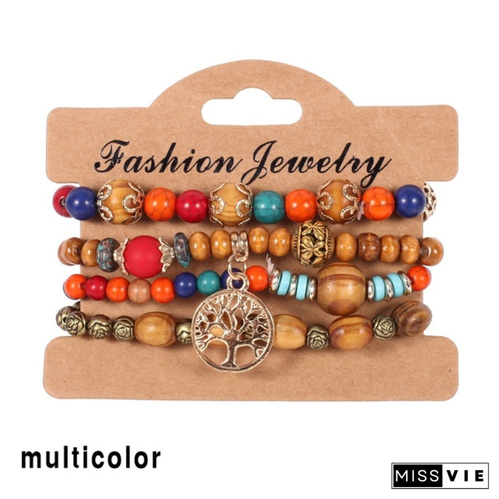 4pcs/set Wooden Beads Bracelet Multicolor Women Boho Bangles With Hollow-out Pendant