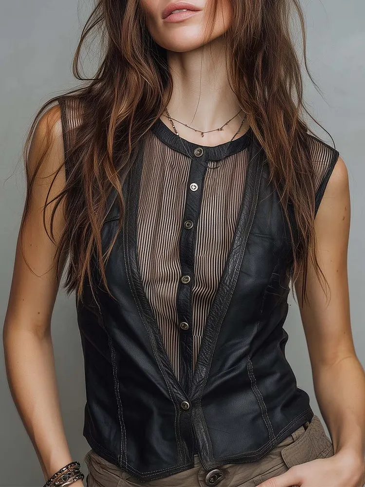Gothic Faux Leather Vertical Striped Mesh Spliced Button Down Crew Neck Sleeveless Vest