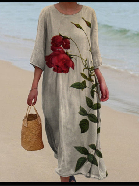 Women's 3/4 Sleeve Scoop Neck Graphic Printed Midi Dress