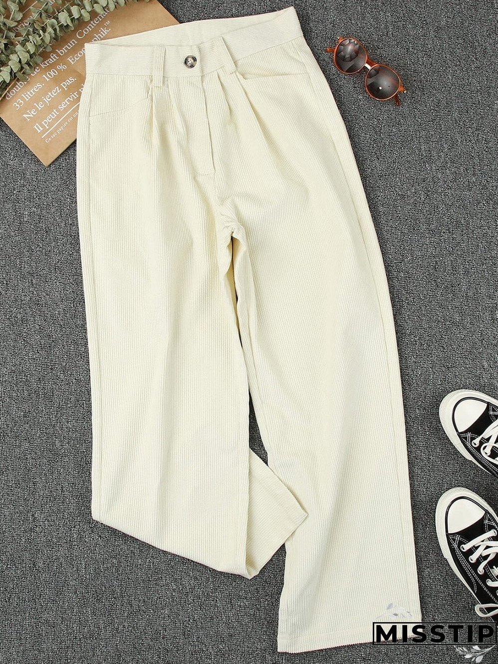 Beige Corduroy High Waist Trousers for Winter Casual Wear