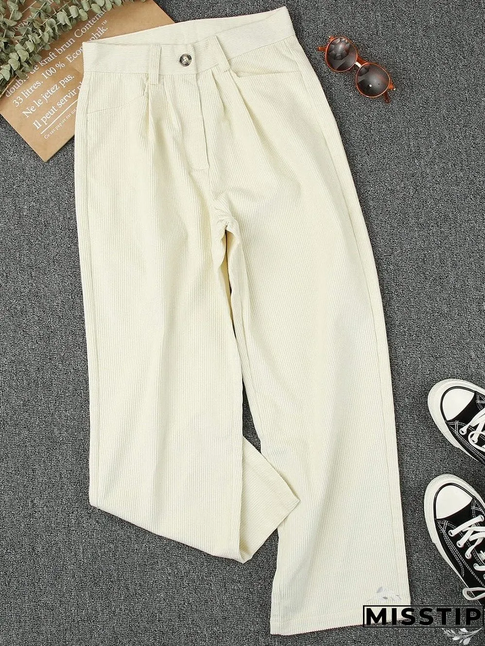 Beige Corduroy High Waist Trousers for Winter Casual Wear