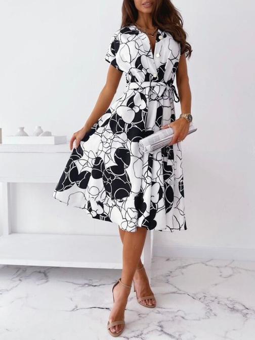 Women's V-neck Short Sleeve Printed Midi Dress