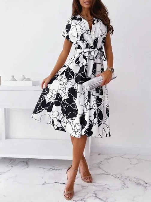 Women's V-neck Short Sleeve Printed Midi Dress