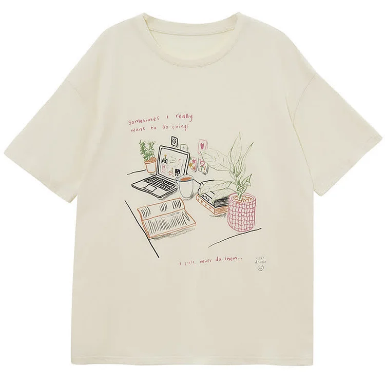 Classic Print Round Collar Casual T-Shirt - Modakawa modakawa
