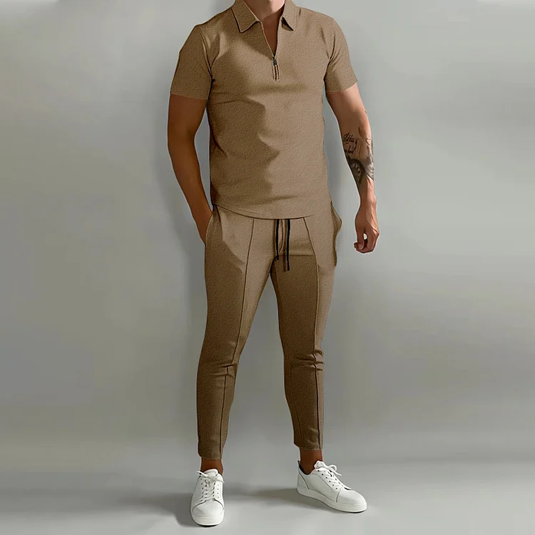 BrosWear Fashion Solid Color Print Polo Shirt And Pants Co-Ord