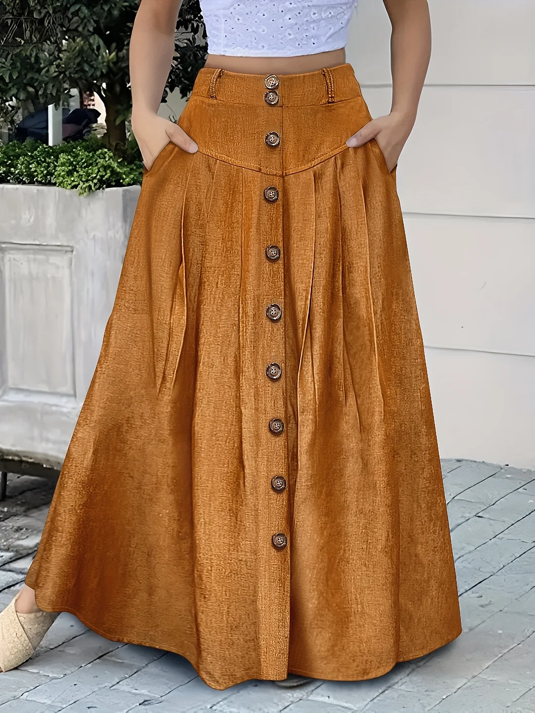 Stylish Dual Pocket Button Front Skirt - Elegant, Loose Fit, Solid Color Polyester Skirt For Spring, Summer, And Fall - Customized, Woven, No Sheer, No Elasticity, No Printing | IFYHOME