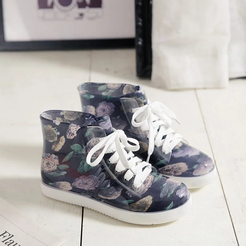 Leopard Women's Rainshoes Waterproof Non-Slip Flat Rubber Shoes Women Rain Boots Short Tube Lace Up Velvet Warmer Winter Boots