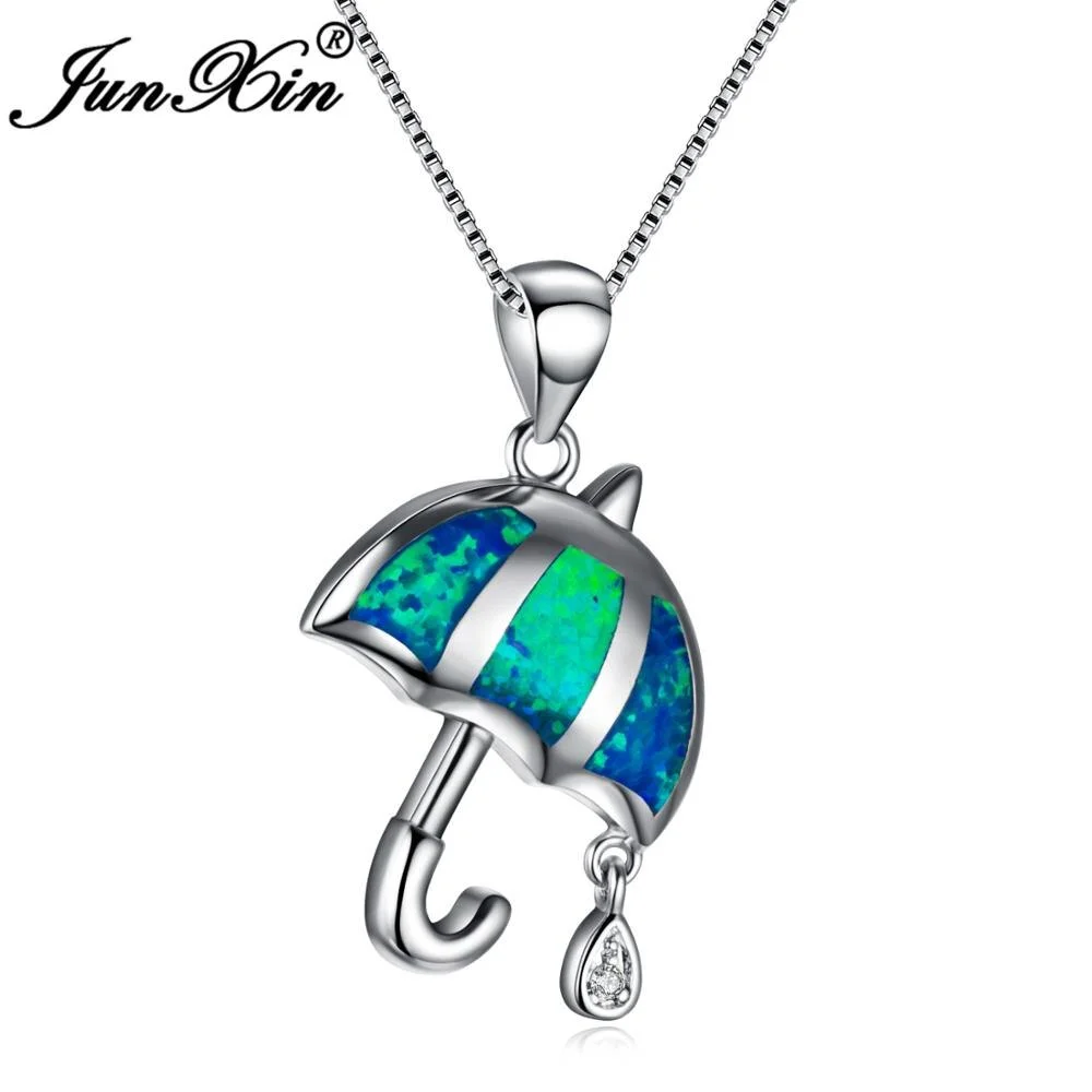 JUNXIN Unique Umbrella Design Silver Color Necklace For Women Round Crystal White/Blue Fire Opal Pendants NL0130