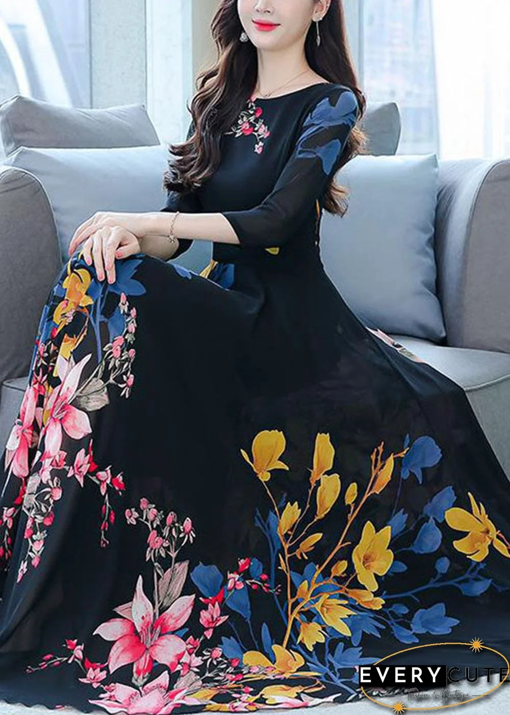 Stylish Black O-Neck Print Exra Large Hem Chiffon Dresses Half Sleeve