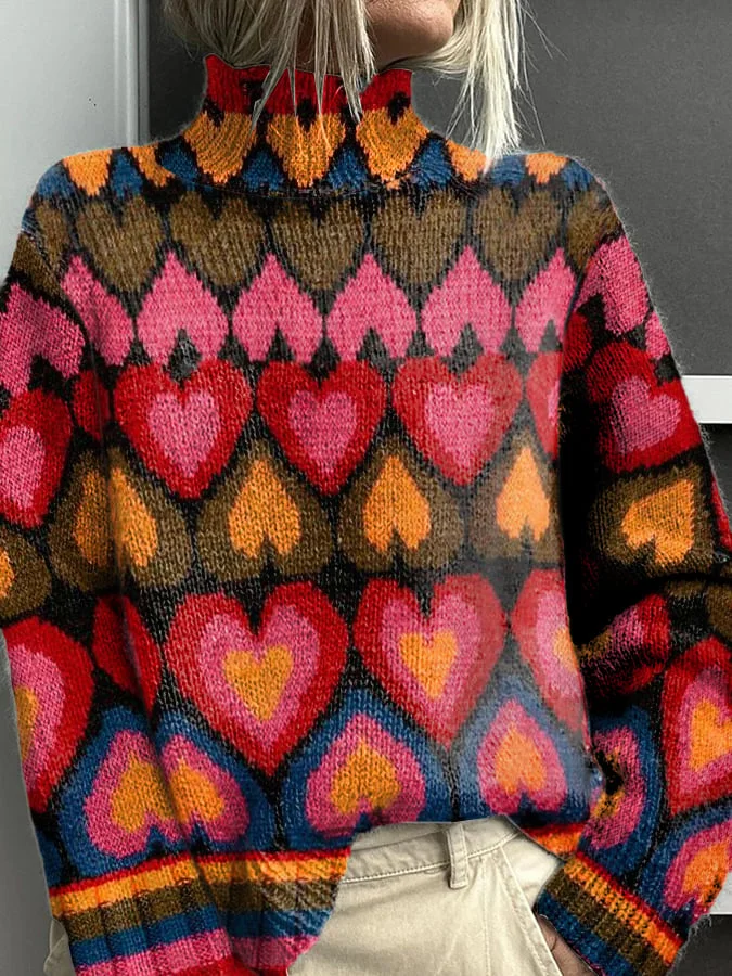 Women's Heart Print Knit Turtleneck Pullover Sweater