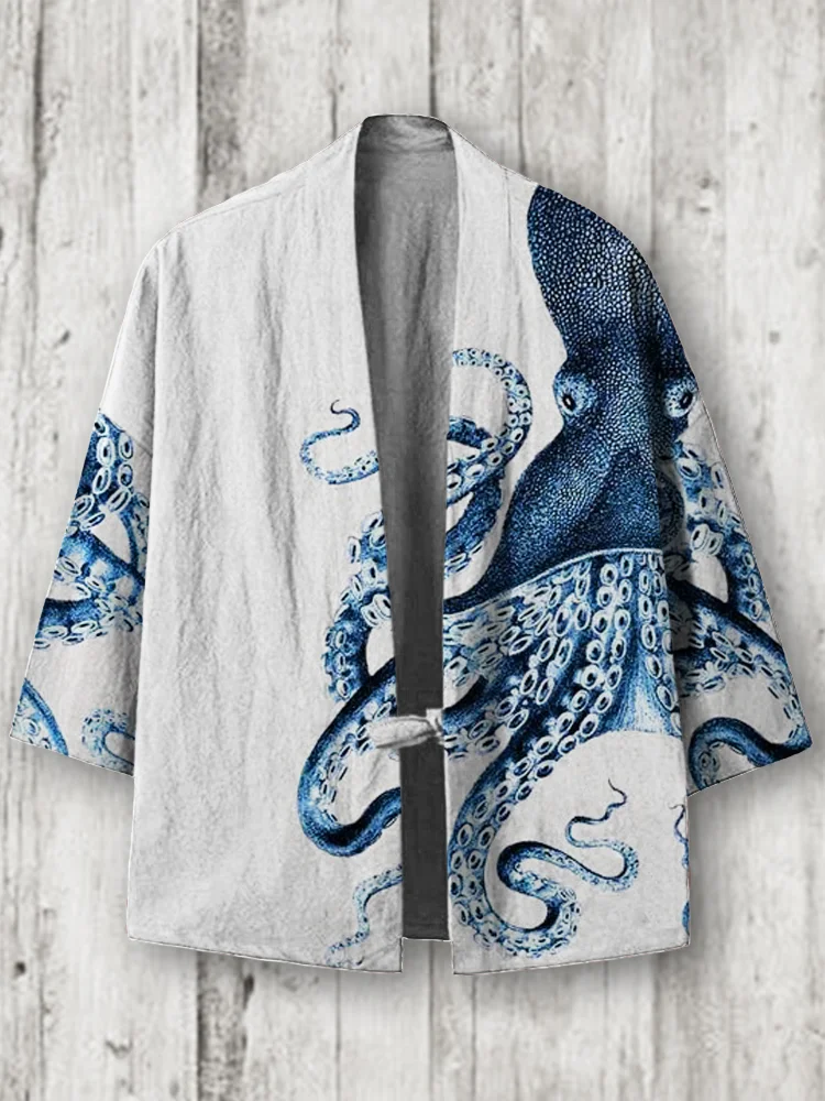 Octopus Ocean Art Linen Blend Kimono Cardigan