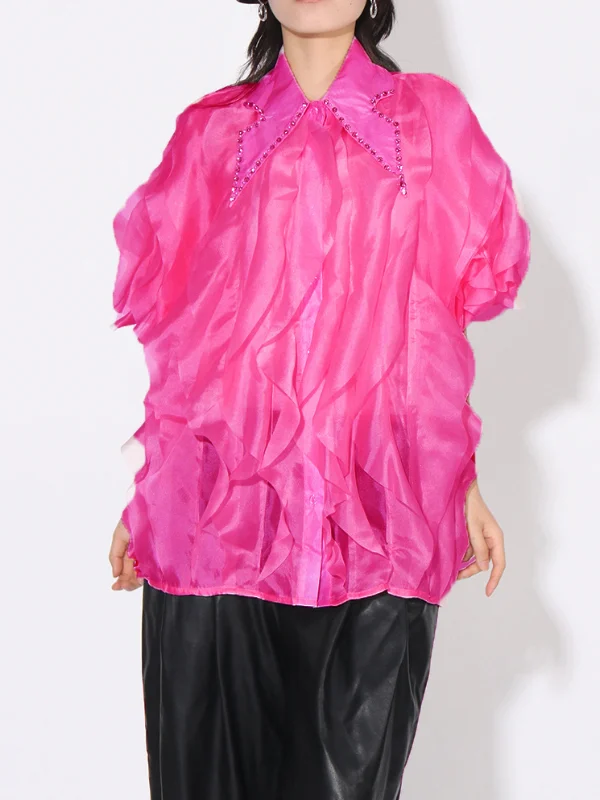 Personalized Beaded Bubble Sleeve Ruffle Lapel Shirt