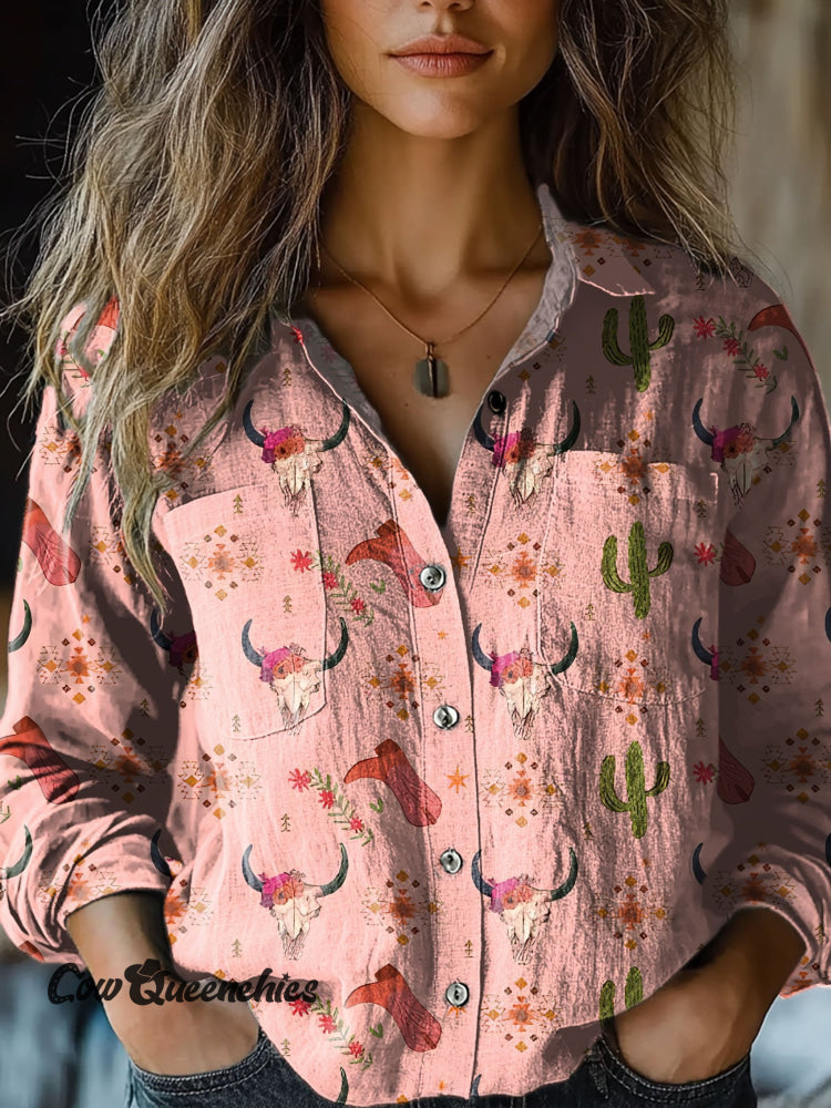 Women’s Pink Western Flower Bull Head Aztec Cactus Print Casual Long Sleeve Comfortable Cotton