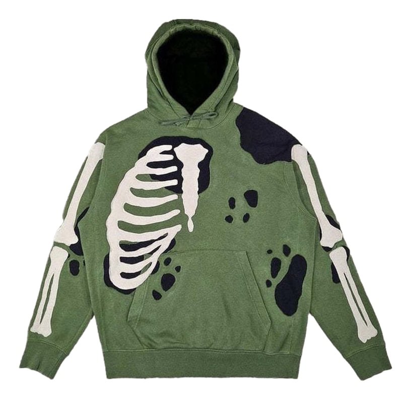 Streetwear Skeleton Print Men's Green Oversized Hoodies-VESSFUL