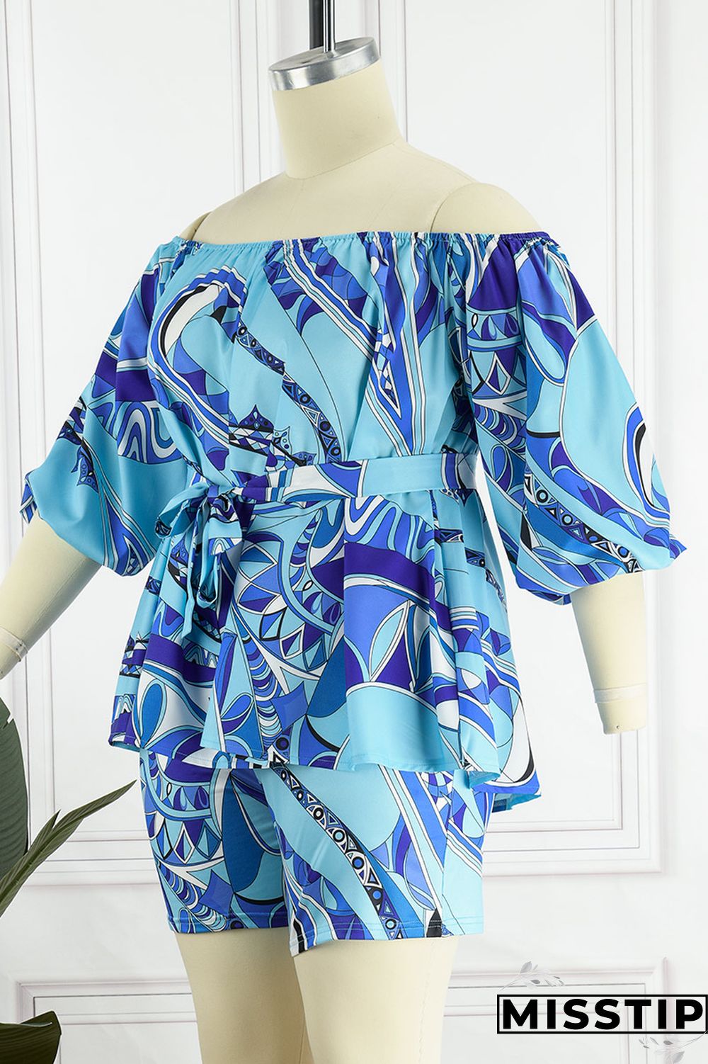 Green Yellow Casual Print Patchwork Off the Shoulder Long Sleeve Two Pieces