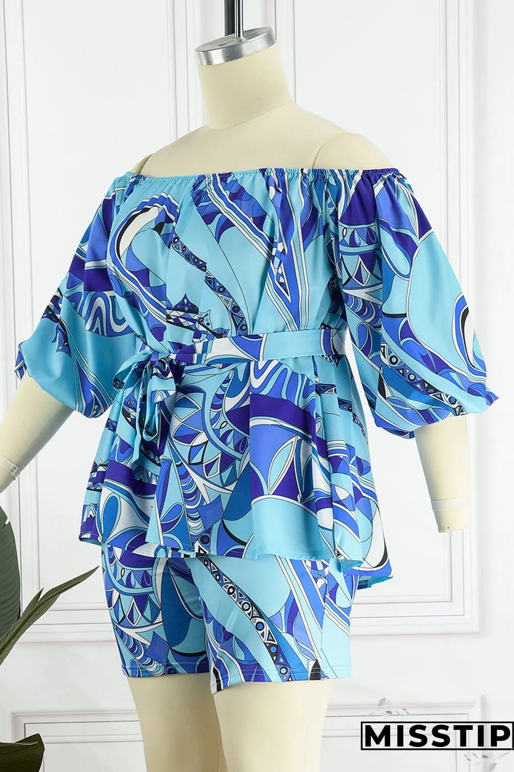Green Yellow Casual Print Patchwork Off the Shoulder Long Sleeve Two Pieces