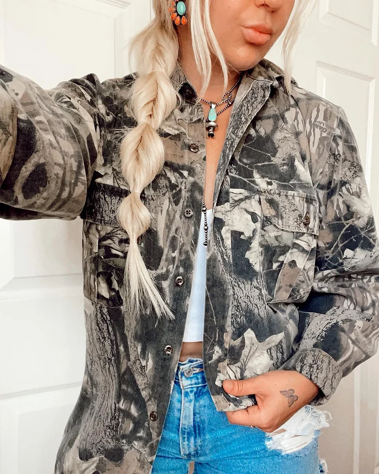 Western Grey Vintage Print Long Sleeve Shirt