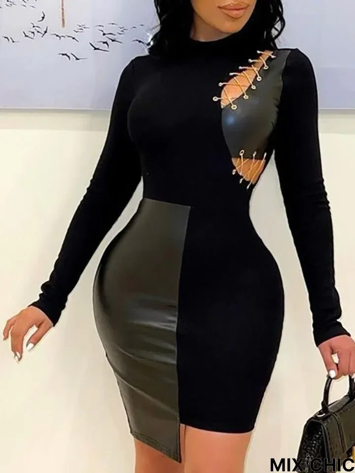 Pu Leather Patch Lace Up Decor Bodycon Dress Black Dresses