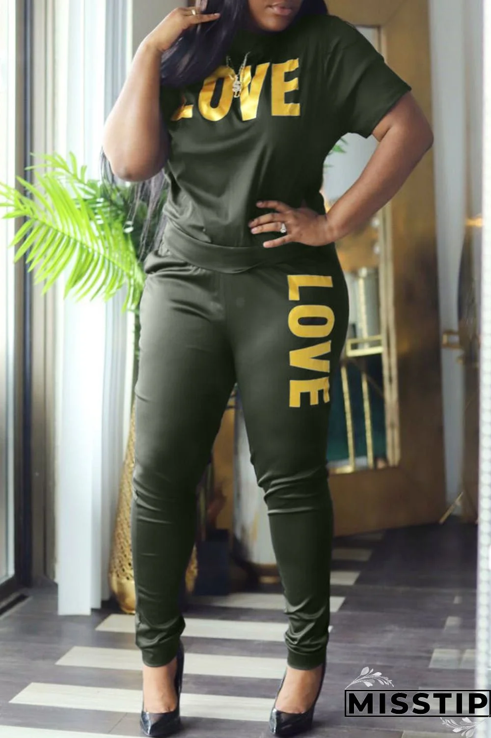 Black Fashion Casual Letter Print Basic O Neck Short Sleeve Two Pieces