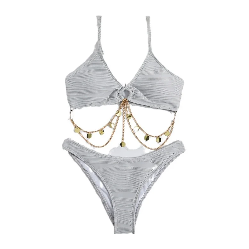 Uveng 2023 New Folded Cloth Split Swimsuit Sexy Chain Swimsuit Bikini