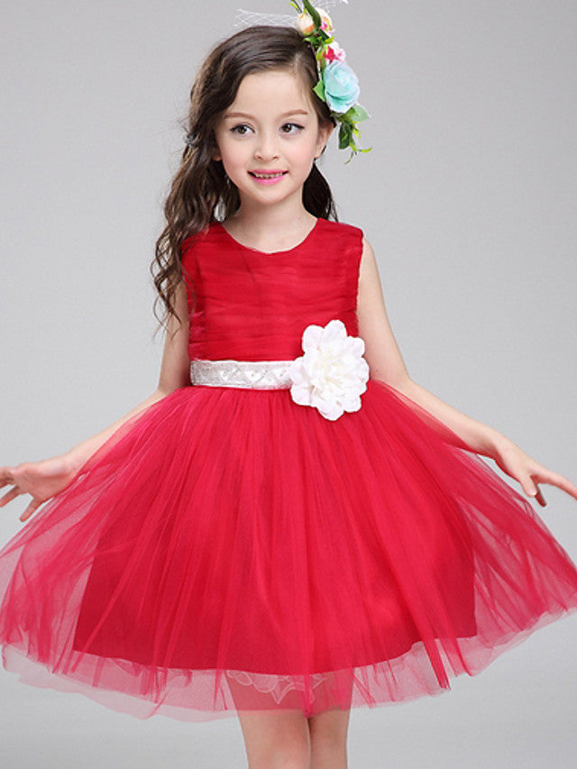 Oknass Sleeveless Jewel Neck Knee Length Flower Girl Dress With Bandage Color Block