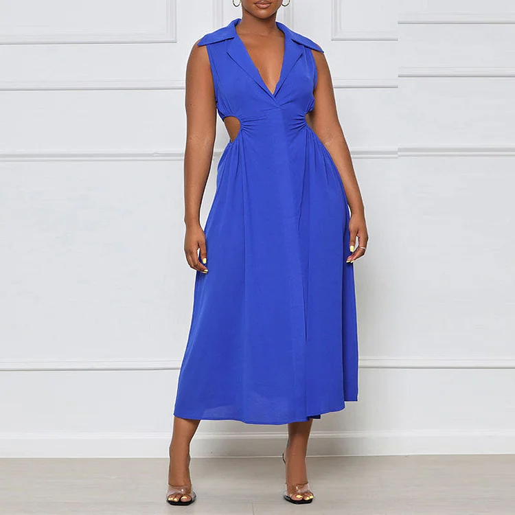 Solid V-Neck Sleeveless Cut Out Slit Maxi Dress - IRBOOM Fashion Clothing