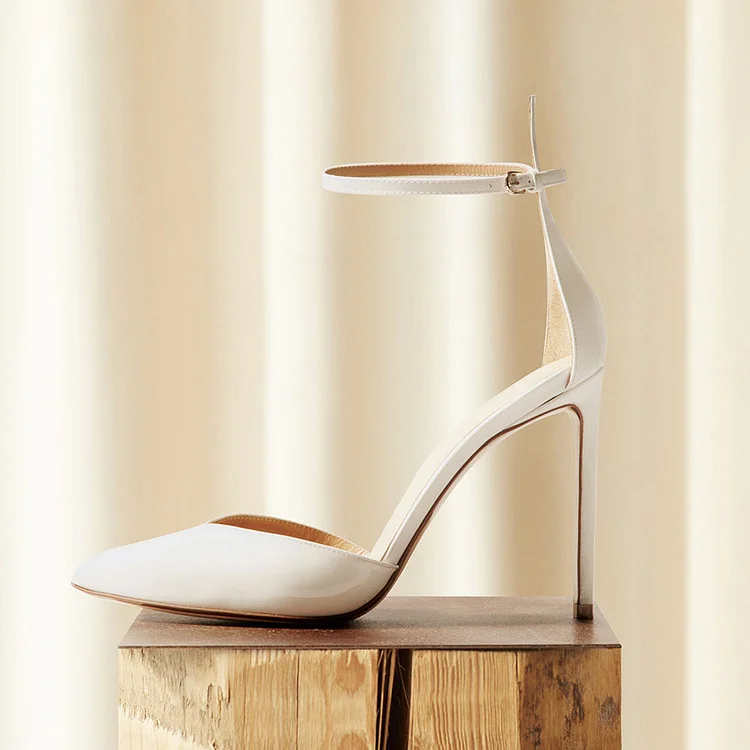 Elegant White Bridal Shoes Patent Leather Ankle Strap Stiletto Pumps |FSJ Shoes