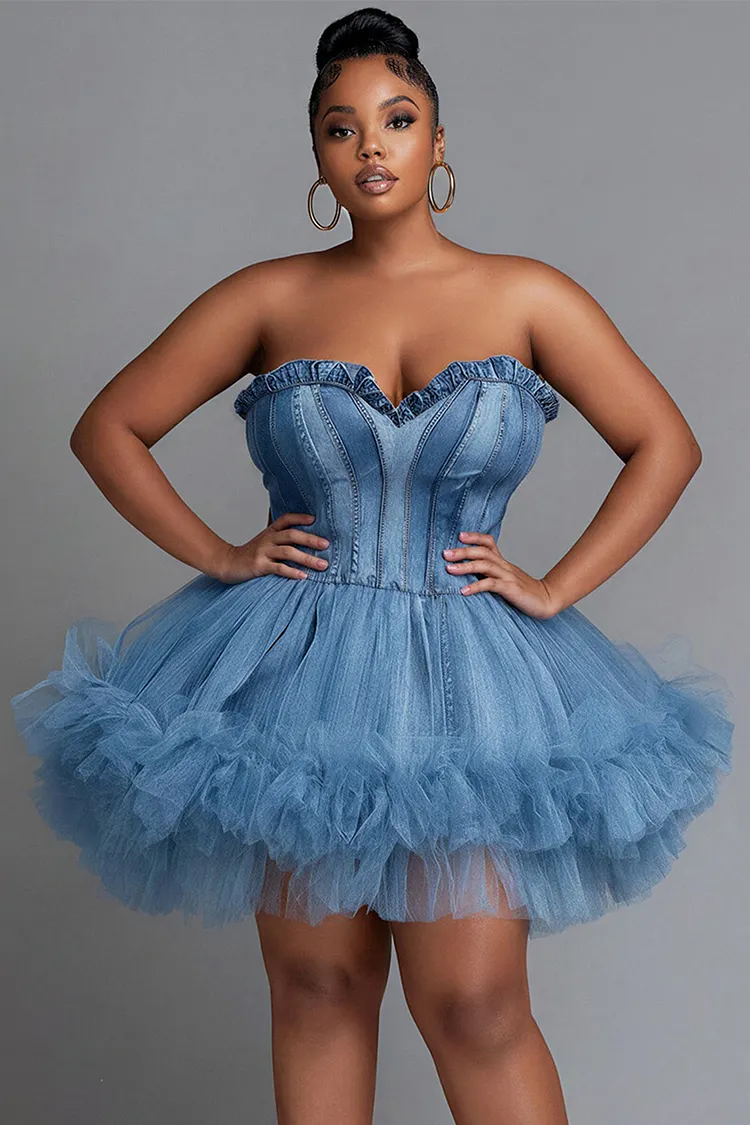Xpluswear Design Plus Size Party Light Blue Contrast Tencel Denim Mini Dresses [Pre-Order] 2024 - Xpluswear