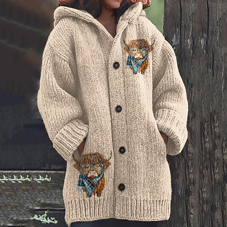 VChics Women's Plaid Scarf Highland Cow Print Cozy Knit Hooded Cardigan