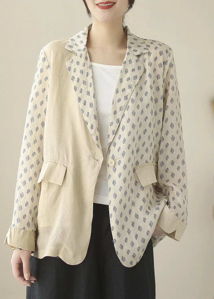 Bohemian Beige Peter Pan Collar Print Ramie Coats Long Sleeve