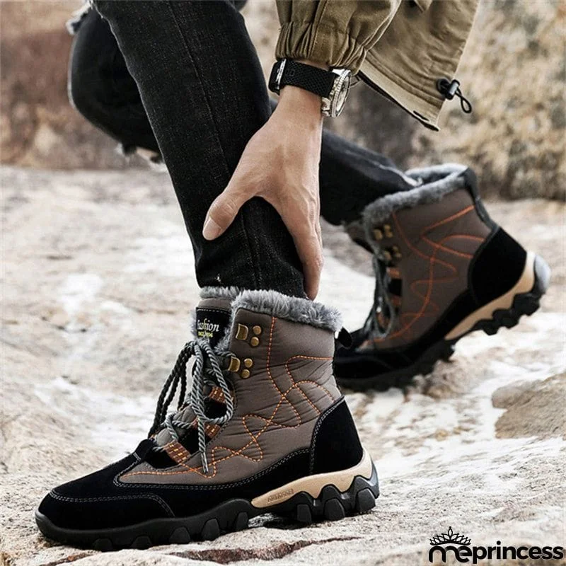 Mens Winter Hiking Keep Warm Plush Anti Slip Waterproof Snow Boots