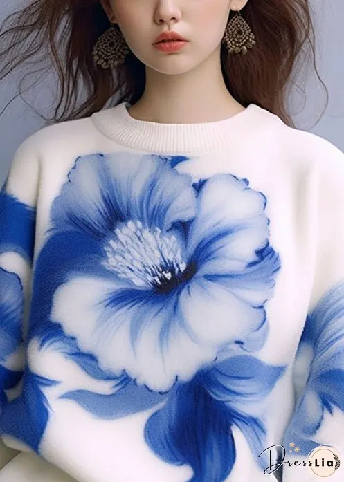 New White O Neck Print Cozy Knit Sweaters Fall