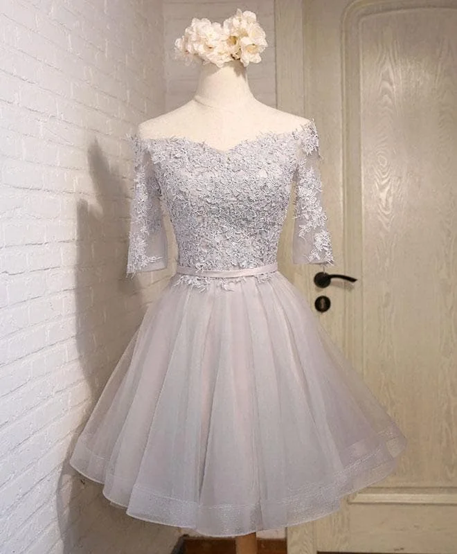 Gray Tulle Lace Applique Short Prom Dress, Gray Homecoming Dress