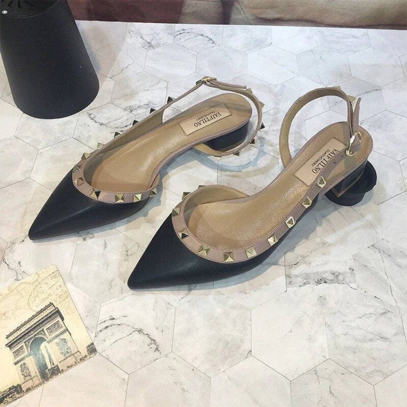 Lourdasprec New Summer Women Sandals Rivet Pointed Toe Chunky Heel Low Heel Flat Females Pumps Fashion High Quality Elegant Noble Lady Shoe