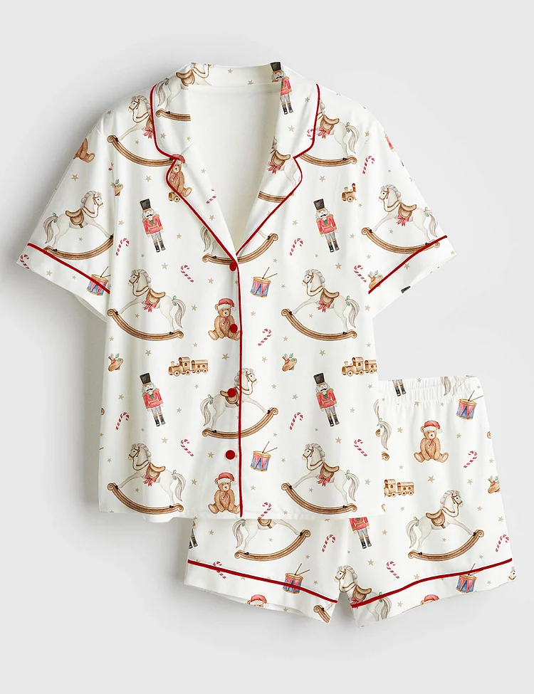 Women&rsquo;s Christmas Toy Horse Teddy Bear Christmas Nutcracker Drum Short Sleeve Satin Pajama Set
