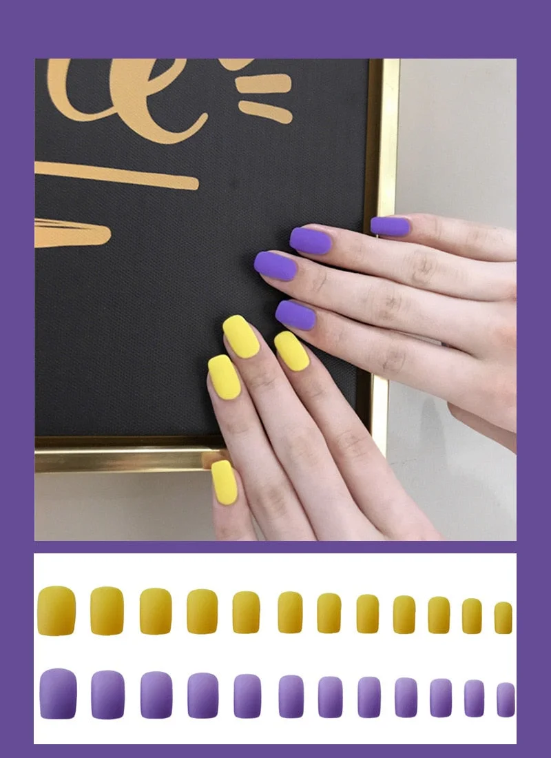 24pcs Dark Coffee Fake Nails Orange And Yellow Two-tone Matte Polish False Nail Patch Round Ballet Nail Tips Glue Wear Manicure-Nail Inspo