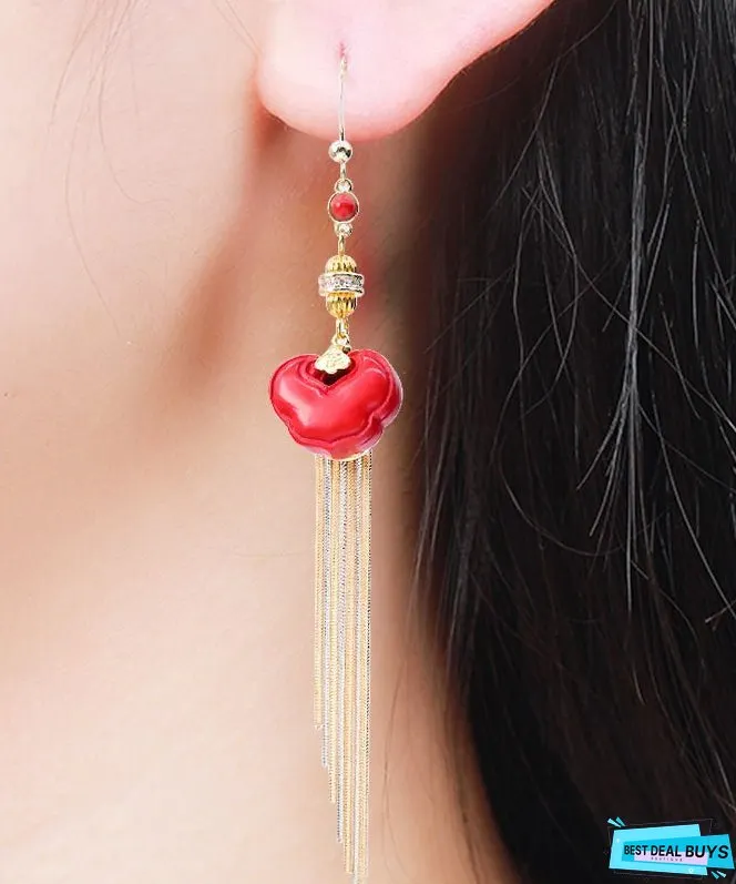 Vogue Red 14K Gold Cinnabar Ruyi Tassel Drop Earrings