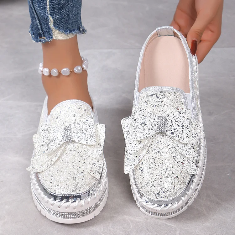 Glittering Bow Decor Round Toe Stitch Detail Slip On Mules