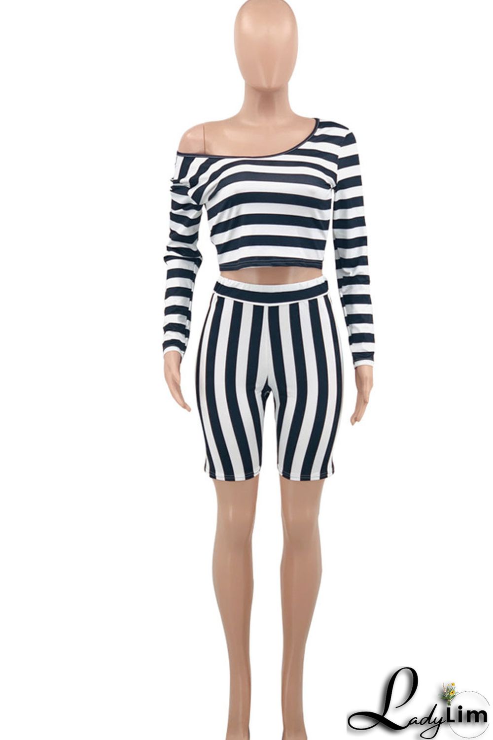 Blue Casual Striped Print Patchwork Asymmetrical Collar Plus Size Two Pieces