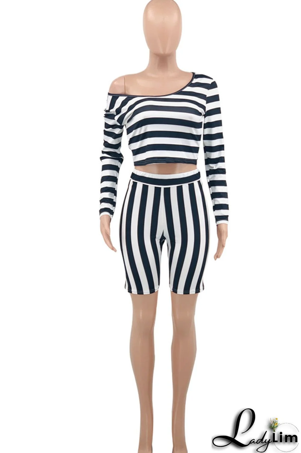 Blue Casual Striped Print Patchwork Asymmetrical Collar Plus Size Two Pieces