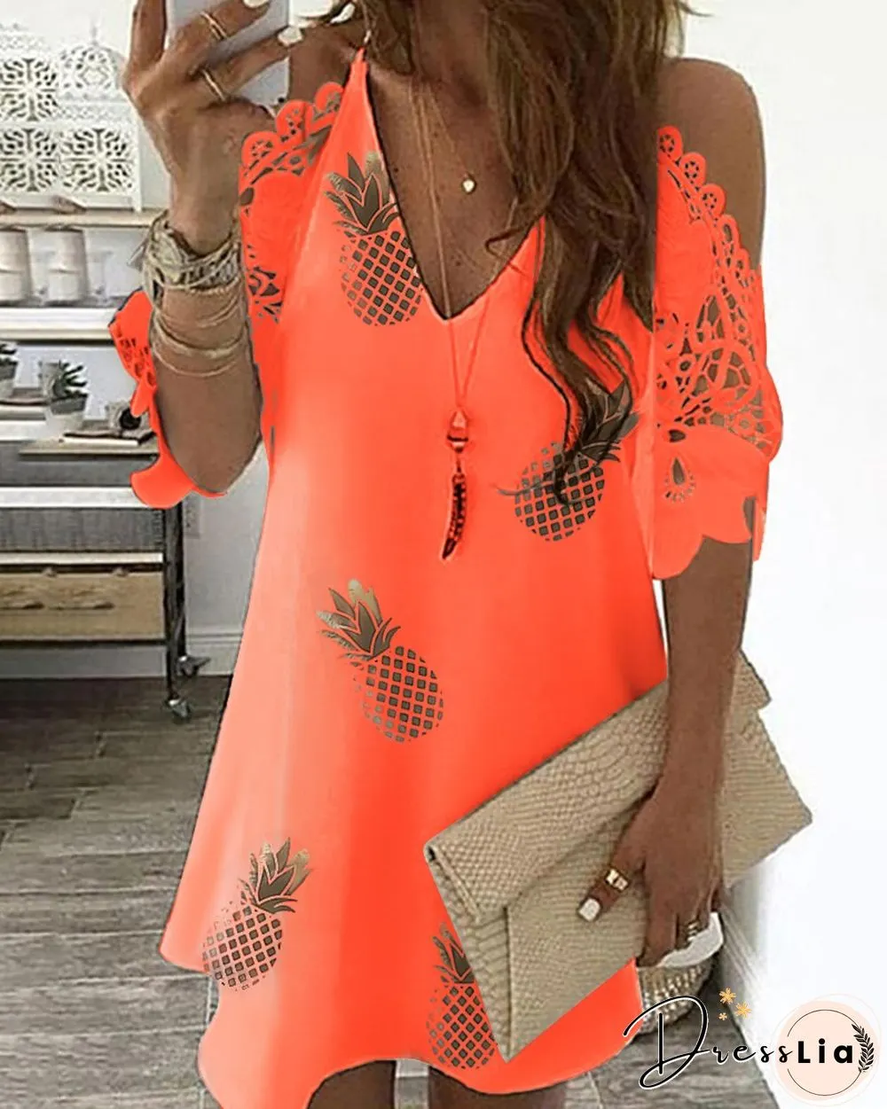 Pineapple Print Cold Shoulder Crochet Lace Dress