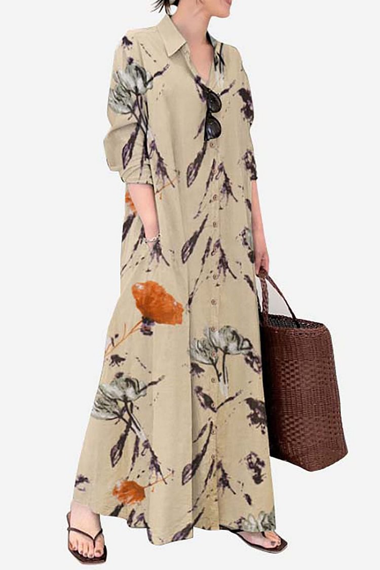 Floral Print Button Down Long Sleeve Linen Maxi Dress
