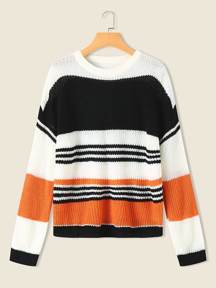 Stripe Long Sleeve Loose Crew Neck Knit Sweater - Chicaggo