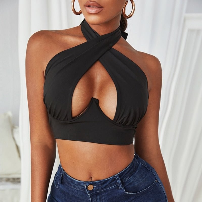 wsevypo Women Sexy Hollow Out Tank Tops Black/Leopard Spliced Cross Halter Neck Crop Tube Tops Summer Busiter XS/ S/ M/ L