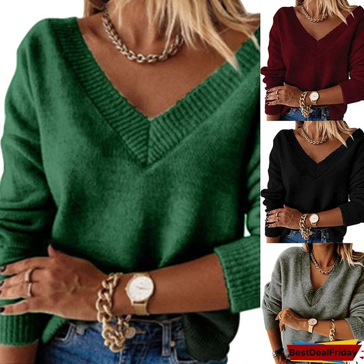 Casual V Neck Loose Knitted Sweater Women Long Sleeve Streetwear Top Jumper Spring Autumn Loose Pullovers