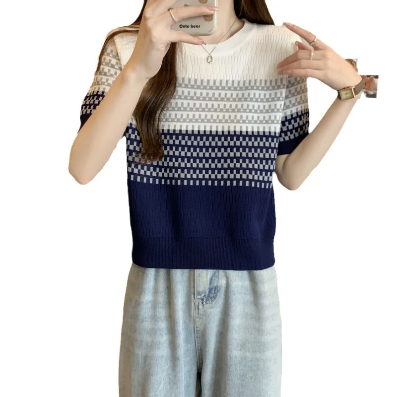 Uveng Uveng Gradient Striped T-Shirt Women's Summer New Oceanic Ice Silk Sleeve Sleeves