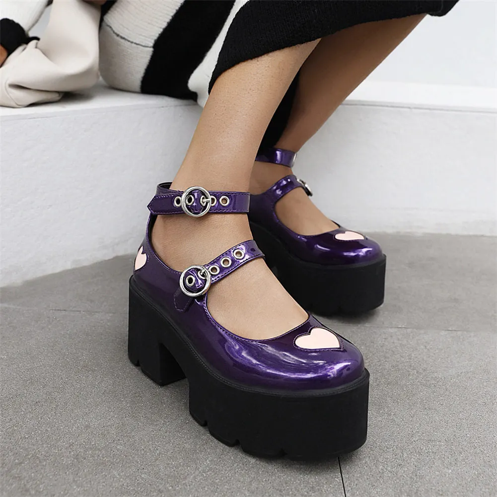 BONJOMARISA Big Size 43 Round Toe Platform Chunky Heart Pattern Marry Janes Pumps Women 2021 Punk Lolita Cosplay JK Women Shoes