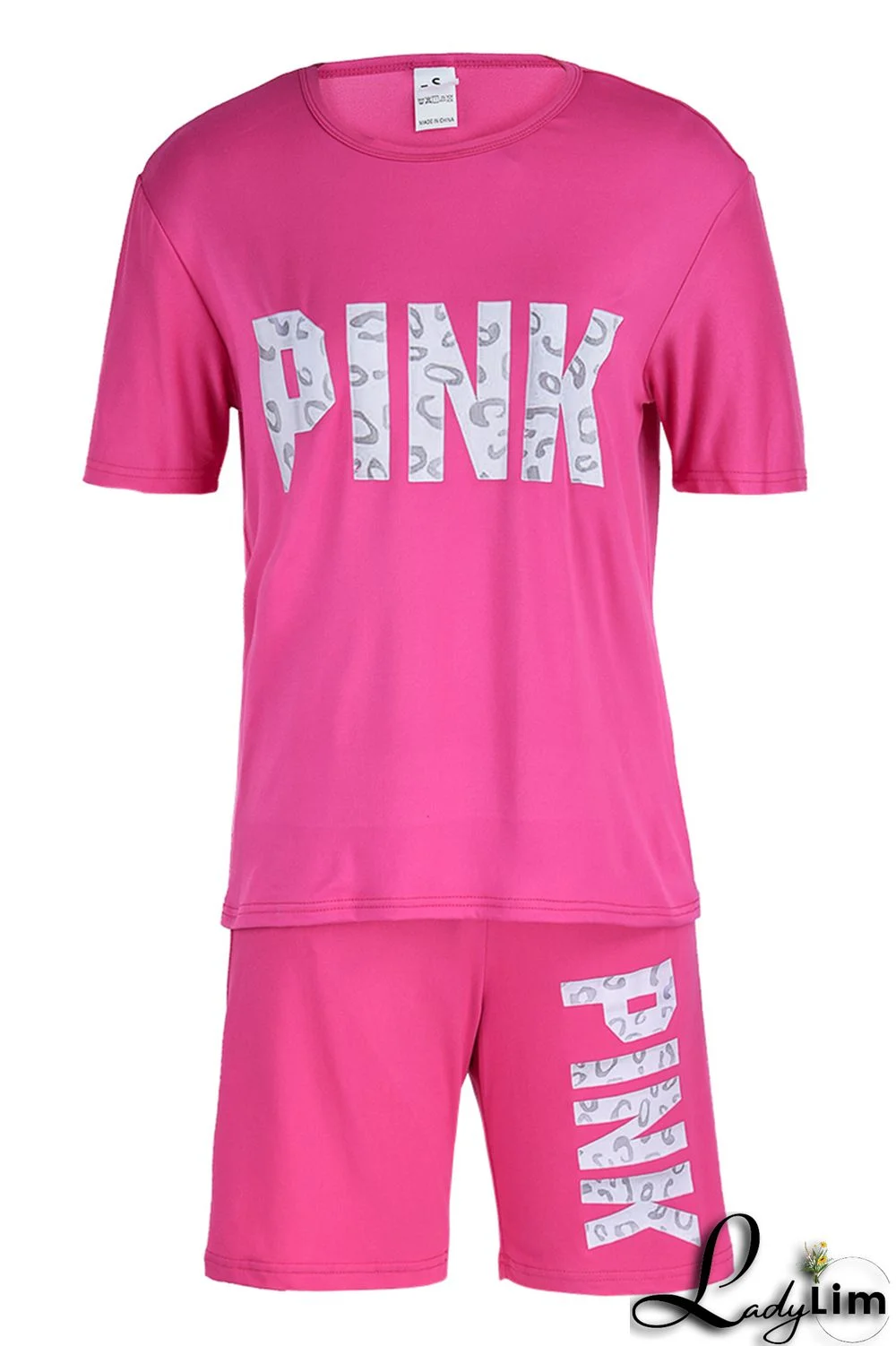 Rose Red Fashion Casual Letter Print Patchwork O Neck Short Sleeve Plus Size Two Pieces