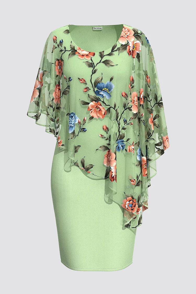 Flycurvy Plus Size Formal Light Green Floral Print Tulle Cape Sleeve Bodycon Midi Dress  Flycurvy [product_label]