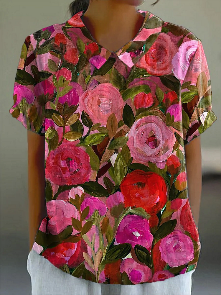 Oil Painting Romantic French Rose Printed Women's Casual Cotton And Linen Shirt